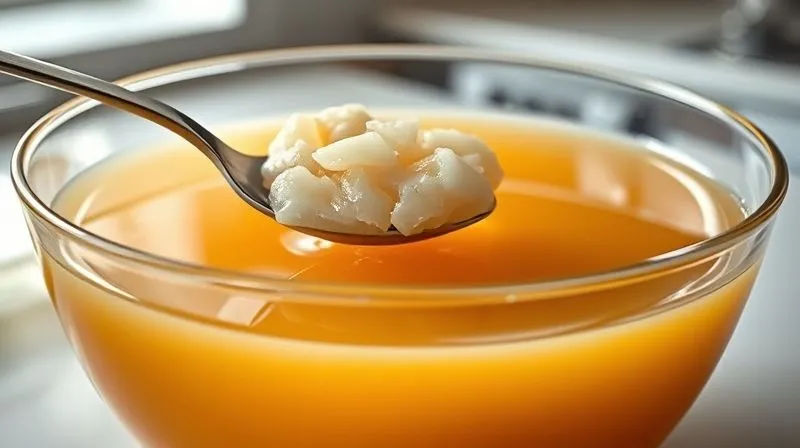 Photorealistic image of a large glass bowl of golden chicken broth, perfectly chilled, with a thick, solid layer of opaque, yellowish fat clearly visible on the surface. A spoon is gently lifting a piece of this congealed fat. The background shows a clean, modern kitchen counter. Cinematic lighting, sharp focus on the fat layer, depth of field blurring the background, 8K hyper-detailed.