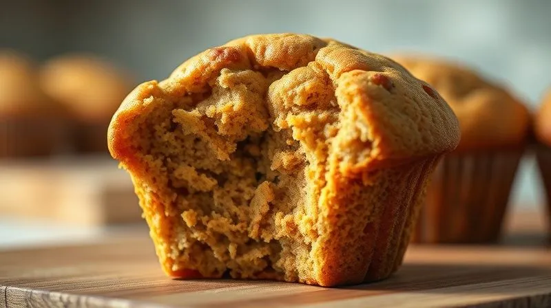 photorealistic, professional photography, 8K, cinematic lighting, sharp focus, depth of field, shot on a high-end DSLR, a close-up of a perfectly baked, golden-brown protein muffin, showing a visibly airy and fluffy internal texture when gently squeezed, against a softly blurred kitchen background.