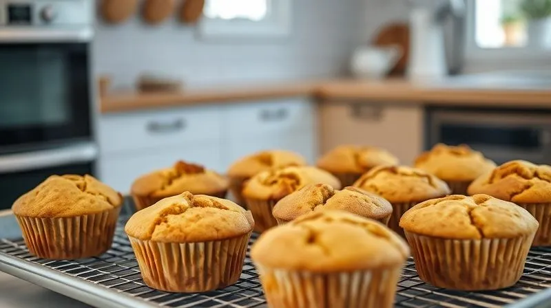 photorealistic, professional photography, 8K, cinematic lighting, sharp focus, depth of field, shot on a high-end DSLR, a baking sheet filled with golden-brown protein muffins, perfectly risen and slightly cracked on top, cooling on a wire rack in a bright, modern kitchen.