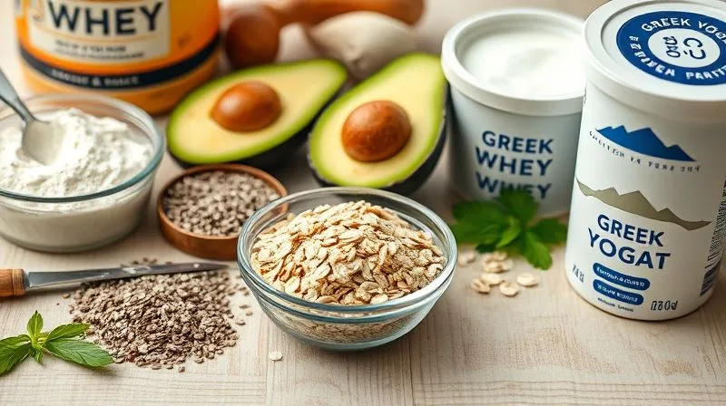 A photorealistic close-up of various healthy ingredients arranged artfully on a light wooden surface: a scoop of whey protein powder, a small bowl of chia seeds, a handful of rolled oats, half an avocado, and a container of Greek yogurt, all bathed in soft, natural light, sharp focus, depth of field, 8K hyper-detailed, shot on a high-end DSLR.
