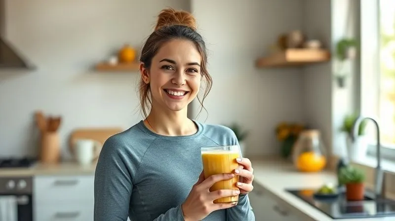 A photorealistic image of a joyful, energetic woman in her early thirties, smiling confidently while holding a banana smoothie glass, standing in a bright, modern kitchen with natural light. Her activewear subtly suggests a healthy lifestyle. Sharp focus on her face and the smoothie, depth of field, 8K hyper-detailed, shot on a high-end DSLR.