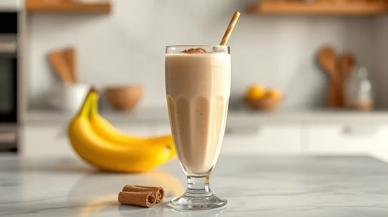 A photorealistic, professional photography shot of a perfectly blended, smooth banana smoothie in a tall, elegant glass, with a swirl of cinnamon on top, placed on a clean, minimalist kitchen counter. The texture is invitingly thick and creamy. Soft, diffused natural light, sharp focus, depth of field, 8K hyper-detailed, shot on a high-end DSLR.