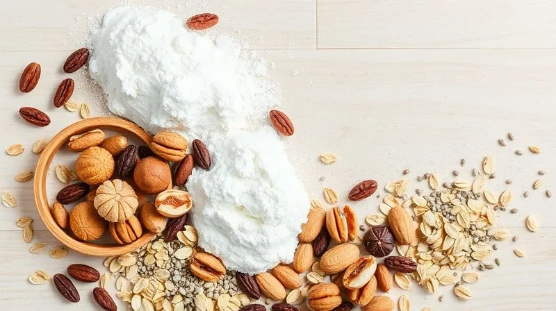 Photorealistic, professional photography, 8K, cinematic lighting, sharp focus, depth of field, shot on a high-end DSLR. A visually appealing flat lay of various ingredients for healthy protein bars: different types of protein powder (whey, casein, plant-based), natural sweeteners (erythritol, stevia, monk fruit), nut butters, rolled oats, chia seeds, and dried fruits, all arranged artfully on a light wooden background. The composition should convey health, naturalness, and deliciousness.
