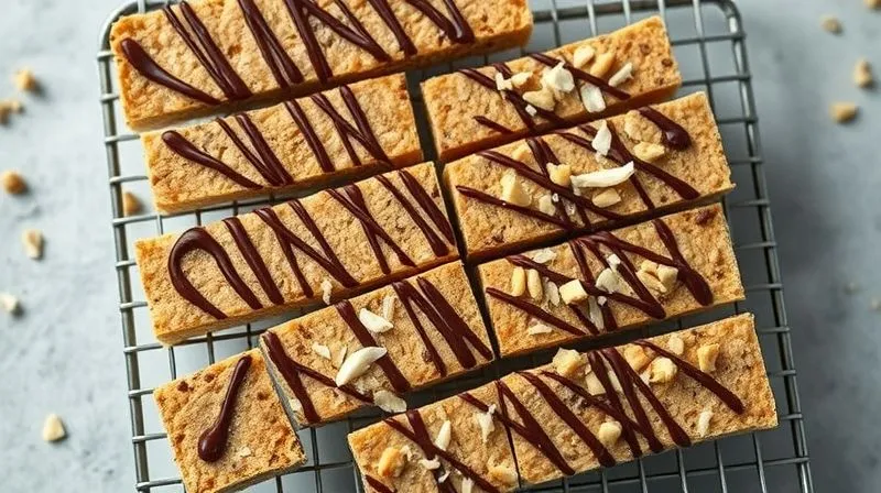 Photorealistic, professional photography, 8K, cinematic lighting, sharp focus, depth of field, shot on a high-end DSLR. A close-up, top-down view of perfectly cut protein bars arranged neatly on a cooling rack. Some bars are plain, others are drizzled with sugar-free chocolate, and a few are sprinkled with chopped nuts or coconut flakes. The lighting is bright and inviting, highlighting the texture and deliciousness of the bars.