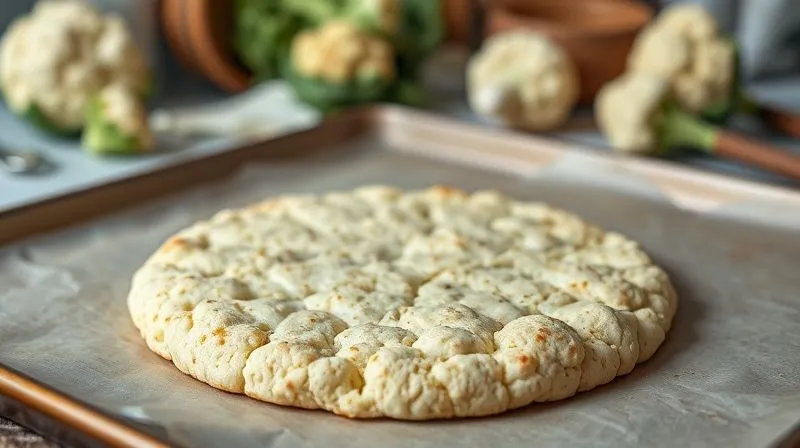 Photorealistic, professional photography, 8K, cinematic lighting, sharp focus on a round pizza crust made from cauliflower, golden brown and slightly crispy, on a baking sheet with parchment paper. Depth of field blurring a background of fresh cauliflower florets and kitchen utensils, emphasizing healthy cooking. Shot on a high-end DSLR.
