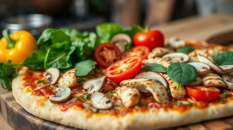 Photorealistic, professional photography, 8K, cinematic lighting, sharp focus on a vibrant array of fresh pizza toppings: colorful bell peppers, sliced mushrooms, fresh spinach, cherry tomatoes, lean grilled chicken strips, and light mozzarella cheese, artfully arranged on a wooden board. Depth of field blurring a rustic kitchen background, emphasizing freshness and healthy choices. Shot on a high-end DSLR.