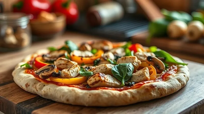 Photorealistic, professional photography, 8K, cinematic lighting, sharp focus on a delicious, freshly baked gluten-free pizza with grilled chicken, colorful bell peppers, mushrooms, and spinach, on a rustic wooden pizza peel. Steam gently rises from the hot pizza. Depth of field blurring a warm, inviting kitchen scene, emphasizing healthy and appealing food. Shot on a high-end DSLR.
