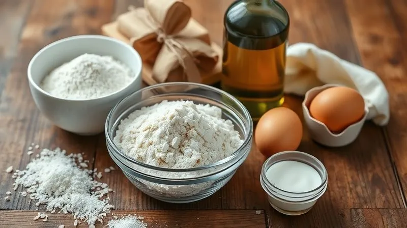 Photorealistic, professional photography, 8K, cinematic lighting, sharp focus on a collection of gluten-free baking ingredients neatly arranged on a rustic wooden table: a bowl of fine white rice flour, a bowl of tapioca starch, fresh eggs, a bottle of olive oil, and a small container of erythritol, all in warm, inviting light, depth of field, shot on a high-end DSLR.