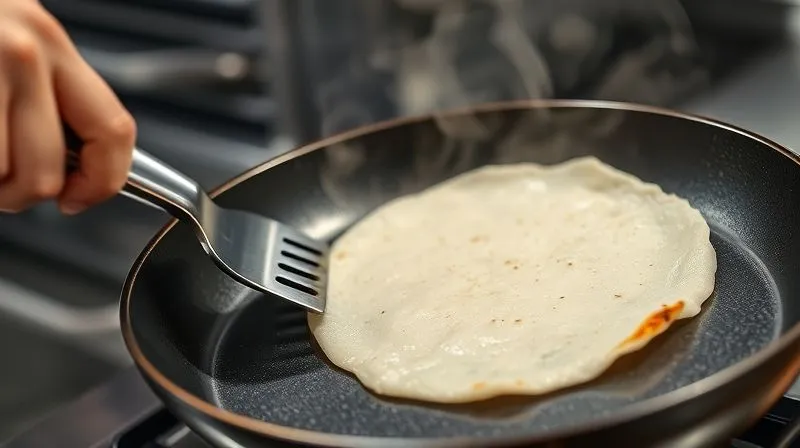 Photorealistic, professional photography, 8K, cinematic lighting, sharp focus on a thin gluten-free rice pancake being expertly flipped in a non-stick pan, steam gently rising, golden-brown on one side, a chef's hand with a spatula in motion, depth of field blurring the kitchen background, shot on a high-end DSLR, capturing the dynamic moment of perfect cooking.