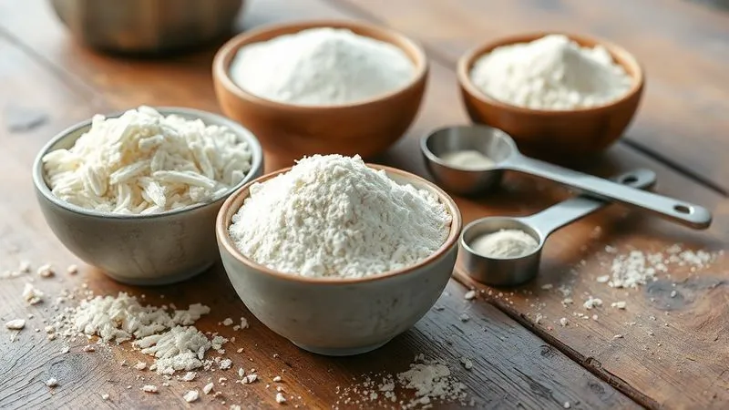 Photorealistic, professional photography, 8K, cinematic lighting, sharp focus, depth of field, shot on a high-end DSLR. A close-up of different types of gluten-free flours – white rice flour, tapioca starch, and psyllium husk – neatly arranged in small ceramic bowls on a rustic wooden table, with measuring spoons beside them, illustrating the precision of ingredients selection. Soft, natural light illuminates the scene.