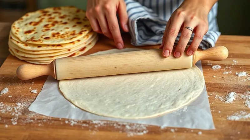Photorealistic, professional photography, 8K, cinematic lighting, sharp focus, depth of field, shot on a high-end DSLR. A pair of hands carefully rolling out gluten-free rice dough between two sheets of parchment paper on a wooden countertop. The dough is thin and translucent, with a rolling pin visible. In the background, a stack of already finished, perfectly golden-brown tortillas is covered with a kitchen towel, hinting at the successful outcome.