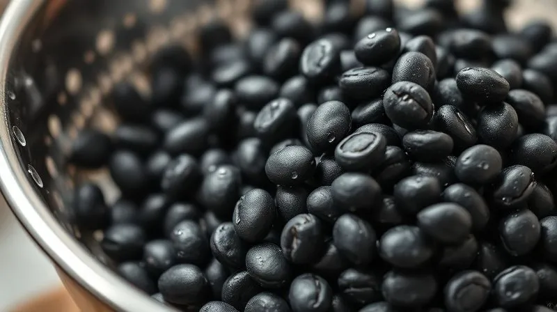 Photorealistic close-up of a pile of rinsed black beans in a colander, with water droplets, cinematic lighting, sharp focus, depth of field, 8K, professional photography, shot on a high-end DSLR.