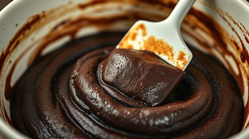 Photorealistic image of a bowl of rich, dark brownie batter being gently folded with a spatula, cinematic lighting, sharp focus on the texture, depth of field, 8K, professional photography, shot on a high-end DSLR.