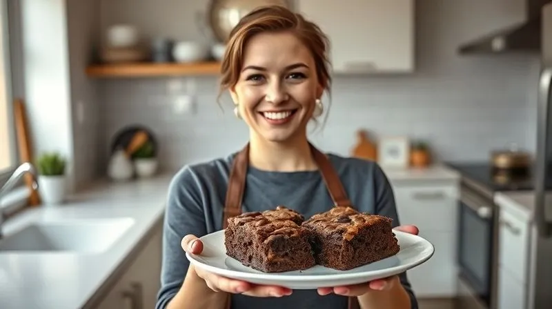 Photorealistic image of a woman (Ma?gorzata) smiling proudly, holding a plate of perfect fudgy bean brownies, in a bright, modern kitchen. Cinematic lighting, sharp focus, depth of field, 8K, professional photography, shot on a high-end DSLR.