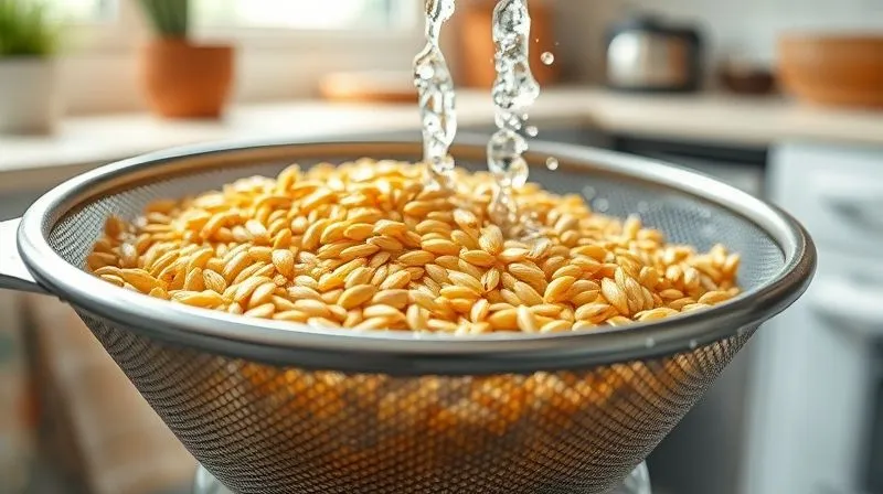 A close-up, photorealistic shot of golden millet grains being rinsed under running water in a fine-mesh sieve, with blurred background of a modern, clean kitchen, soft natural light.