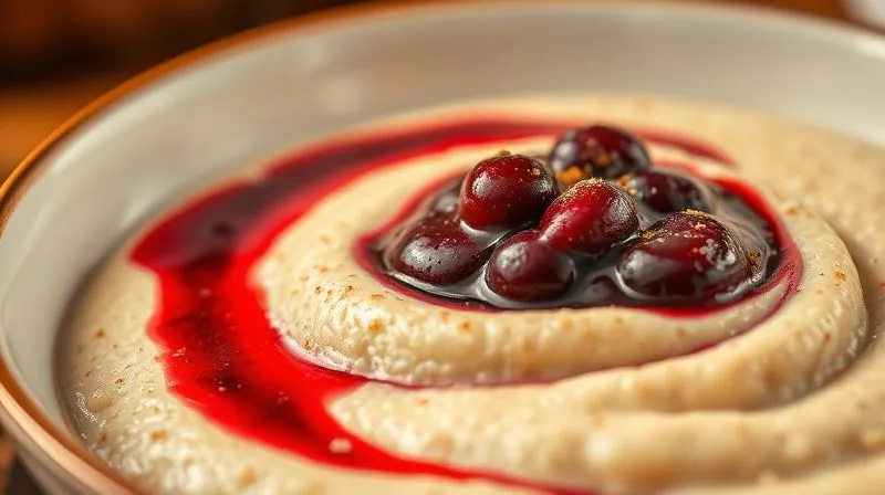 A close-up, inviting shot of a creamy millet pudding in an elegant bowl, topped with a swirl of berry compote and a delicate sprinkle of cinnamon, steam subtly rising, professional food photography, warm and comforting ambiance, sharp focus on the pudding, depth of field blurring the background.