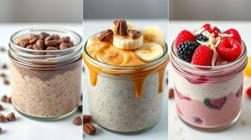 A triptych of three distinct, beautifully presented millet puddings: one chocolate with cocoa nibs, one peanut butter with banana slices and a drizzle of peanut butter, and one raspberry-coconut with fresh berries and coconut flakes, all in elegant clear glass jars, professional food photography, bright and inviting, sharp focus on each pudding, depth of field blurring the background.