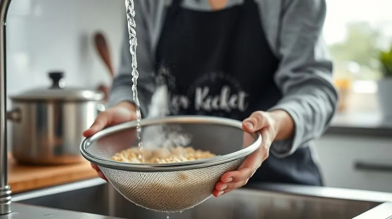 Photorealistic image of a person rinsing millet in a fine-mesh sieve under cold running water in a bright, modern kitchen, with steam gently rising from a pot in the background. Professional photography, 8K, cinematic lighting, sharp focus, depth of field, shot on a high-end DSLR.