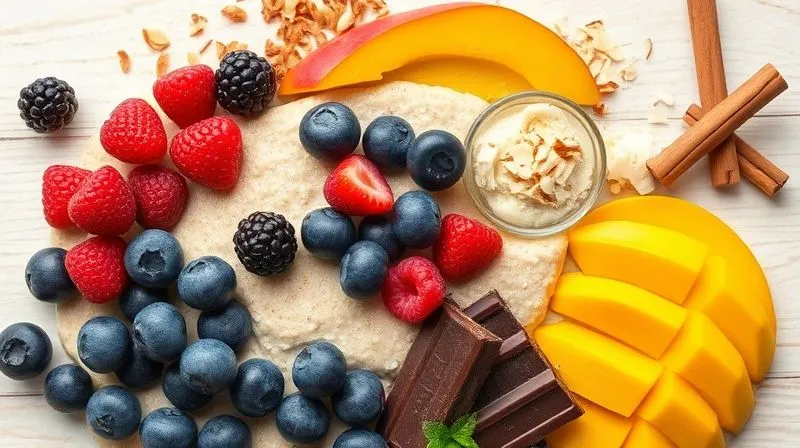 Photorealistic, vibrant flat lay of various healthy millet pudding toppings: fresh blueberries, raspberries, sliced mango, toasted coconut flakes, dark chocolate shavings, a cinnamon stick, and a small bowl of almond butter, all artfully arranged on a light wooden background. Professional photography, 8K, cinematic lighting, sharp focus, depth of field, shot on a high-end DSLR.