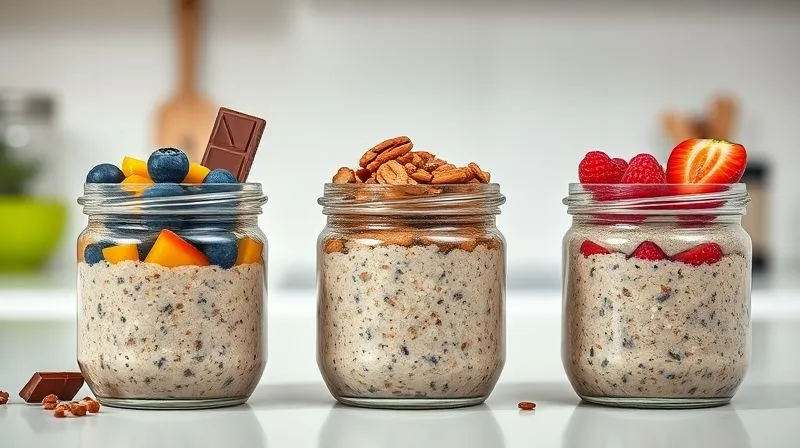 A photorealistic, bright and inviting kitchen counter scene with three small, glass jars filled with colorful millet pudding, each topped differently with fresh fruit, nuts, and chocolate shavings. The jars are perfectly aligned, ready for meal prep, suggesting convenience and healthy eating. Professional photography, 8K, cinematic lighting, sharp focus, depth of field, shot on a high-end DSLR.