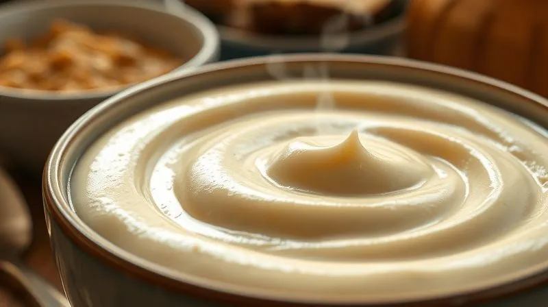 A close-up, photorealistic shot of creamy, perfectly blended millet pudding, glistening in a bowl. The texture is smooth and inviting. Cinematic lighting highlights the delicate steam rising from the warm dessert. Sharp focus on the pudding, with a blurred background of kitchen utensils. 8K hyper-detailed, professional photography.