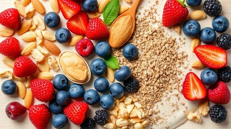 A vibrant, photorealistic flat lay of various healthy toppings for millet pudding: fresh berries (raspberries, blueberries, strawberries), chopped nuts (almonds, walnuts), chia seeds, a spoonful of natural peanut butter, and a sprinkle of cinnamon. All ingredients are artfully arranged on a light wooden background, with soft, natural lighting. Sharp focus on the ingredients. 8K hyper-detailed, professional food photography.