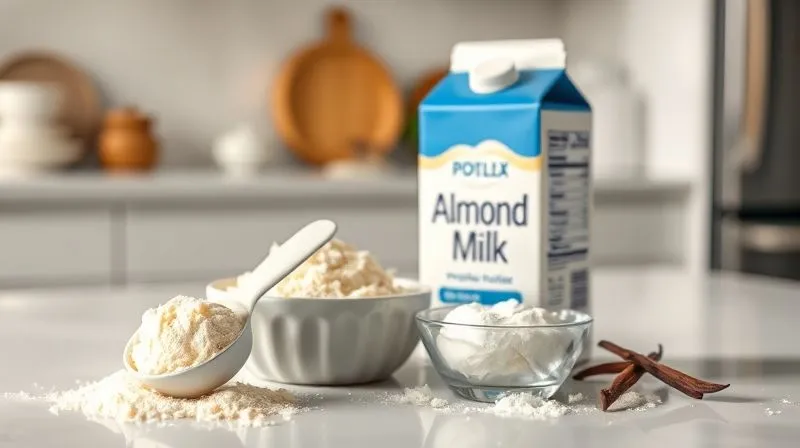 Photorealistic, professional photography, 8K, cinematic lighting, sharp focus, depth of field, shot on a high-end DSLR. A meticulously arranged collection of protein pudding ingredients: a scoop of vanilla protein powder, a carton of almond milk, a small bowl of cornstarch, erythritol, and a vanilla bean, all on a clean, minimalist kitchen counter with soft, natural light, emphasizing natural ingredients and a healthy lifestyle.