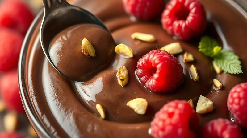 Photorealistic, professional photography, 8K, cinematic lighting, sharp focus, depth of field, shot on a high-end DSLR. A close-up shot of a perfectly smooth, rich chocolate protein pudding being garnished with fresh raspberries and finely chopped pistachios. The focus is on the vibrant colors and appealing textures, suggesting a gourmet and healthy dessert that truly satisfies sweet cravings.