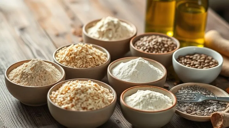 A close-up, photorealistic, professional photography, 8K, cinematic lighting, sharp focus, depth of field, shot on a high-end DSLR, showing a variety of gluten-free flours (rice, oat, buckwheat, tapioca) in small ceramic bowls, arranged aesthetically on a rustic wooden table, alongside a bowl of ground flax seeds and a bottle of olive oil. The light is warm and inviting, highlighting the textures of the ingredients, suggesting a healthy and natural baking process.