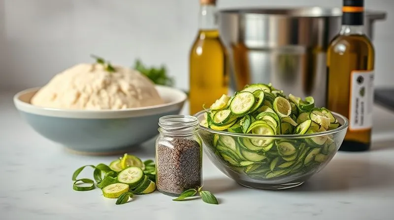 A vibrant, photorealistic, professional photography, 8K, cinematic lighting, sharp focus, depth of field, shot on a high-end DSLR, showing a bowl of freshly grated zucchini, a small jar of chia seeds, and a bottle of high-quality olive oil, all arranged on a light kitchen counter next to a mixing bowl with gluten-free dough. The scene emphasizes fresh, natural ingredients contributing to a healthy meal.