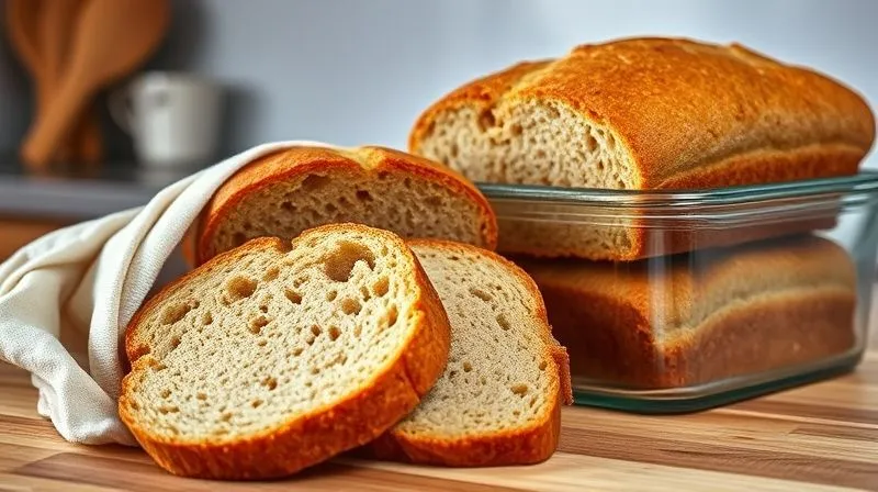 A photorealistic, professional photography, 8K, cinematic lighting, sharp focus, depth of field, shot on a high-end DSLR, showing a freshly baked, golden-brown gluten-free loaf, perfectly sliced, with some slices wrapped in linen cloth and others neatly stacked in a glass airtight container on a kitchen counter. The background is softly blurred, emphasizing freshness and proper storage.