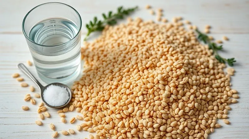 Photorealistic, professional photography, 8K, cinematic lighting, sharp focus, depth of field, shot on a high-end DSLR. A beautifully arranged flat lay of raw, unroasted buckwheat groats, a glass of filtered water, a small pile of sea salt, and various optional additions like flax seeds, sunflower seeds, and psyllium husk, all on a light, rustic wooden surface, suggesting purity and natural ingredients.