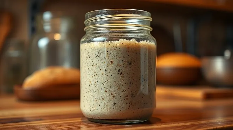 Photorealistic, professional photography, 8K, cinematic lighting, sharp focus, depth of field, shot on a high-end DSLR. A close-up shot of a glass jar with active buckwheat sourdough starter, showing visible bubbles and a slightly risen texture, on a warm kitchen counter. The light subtly illuminates the jar, emphasizing the living, bubbling activity within, conveying a sense of natural process and vitality.