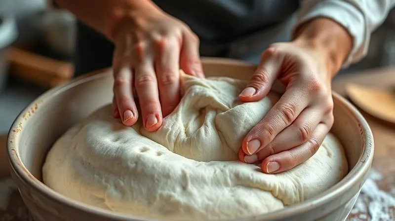 Photorealistic, professional photography, 8K, cinematic lighting, sharp focus, depth of field, shot on a high-end DSLR. A close-up shot of a baker's hands gently folding a sticky, light-colored buckwheat dough in a large ceramic bowl. The dough shows early signs of aeration with small bubbles, emphasizing the delicate technique rather than forceful kneading. The kitchen environment is clean and warm, with natural light.