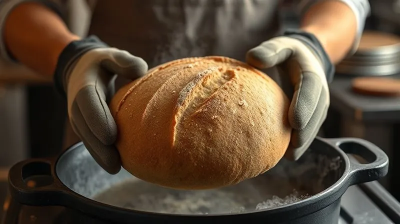 Photorealistic, professional photography, 8K, cinematic lighting, sharp focus, depth of field, shot on a high-end DSLR. A professional baker, wearing an apron, carefully removes a perfectly golden-brown, rustic buckwheat bread loaf from a hot cast iron Dutch oven with oven mitts. Steam gently rises from the bread, illuminated by warm, cinematic kitchen lighting, creating an inviting and wholesome atmosphere.