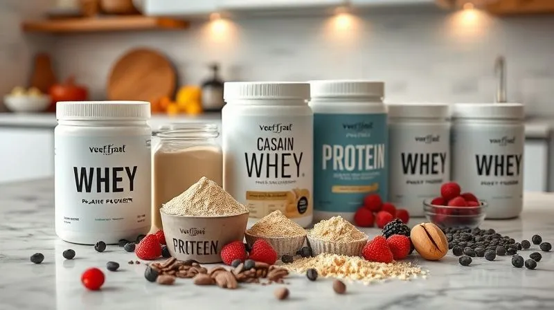 Photorealistic, professional photography, 8K, cinematic lighting, sharp focus, depth of field, shot on a high-end DSLR. A collection of premium protein powders in various containers (whey, casein, plant-based), neatly arranged on a modern kitchen counter. Some containers are open, revealing fine, colorful powders. Fresh ingredients like berries, cocoa nibs, and nuts are scattered around, suggesting their use in healthy desserts. The scene is well-lit, emphasizing quality and naturalness.