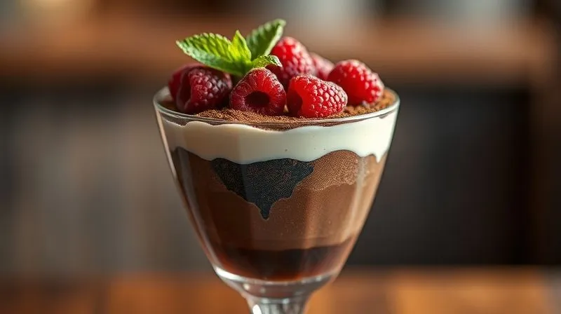 Photorealistic, professional photography, 8K, cinematic lighting, sharp focus, depth of field, shot on a high-end DSLR. A tall, elegant glass filled with a beautifully layered protein dessert. Visible layers include a dark chocolate protein mousse, a lighter vanilla protein cream, and a vibrant berry compote. The top is garnished with fresh raspberries, a mint leaf, and a sprinkle of cocoa powder. The background is softly blurred, emphasizing the dessert's exquisite presentation.