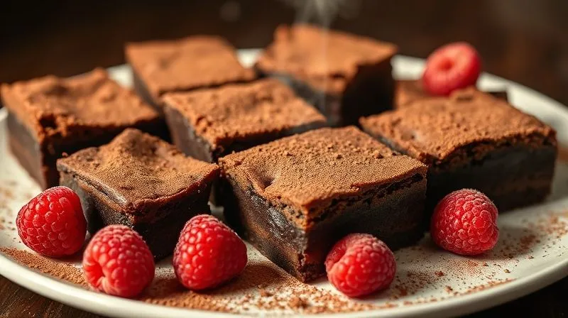 Photorealistic, professional photography, 8K, cinematic lighting, sharp focus, depth of field, shot on a high-end DSLR. A warm, rich plate of protein brownie squares, dusted with a light layer of cocoa powder. Some squares have a slightly gooey center, and a few fresh raspberries are scattered around the plate. The lighting is soft and inviting, highlighting the texture and decadent appearance of the brownies. A subtle steam might rise from one of the pieces, suggesting warmth.