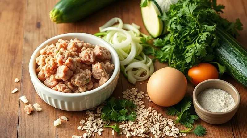 A beautifully arranged, photorealistic, professional photography shot of fresh ingredients for turkey meatballs on a rustic wooden table. Ground turkey is in a ceramic bowl, alongside finely chopped onions, grated zucchini, fresh parsley, a single egg, and a small bowl of soaked oats. The scene is bathed in warm, natural light, emphasizing the freshness and quality of the components. 8K, cinematic lighting, sharp focus on the ingredients, depth of field blurring the background, shot on a high-end DSLR, inviting and wholesome.