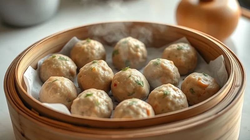 A photorealistic, professional photography shot of a steaming bamboo steamer basket filled with perfectly cooked, delicate turkey meatballs, garnished with fresh dill. The steam gently rises, creating a soft, inviting atmosphere. The focus is sharp on the meatballs, highlighting their smooth texture and a hint of their internal juiciness. 8K, cinematic lighting, sharp focus, depth of field blurring a clean kitchen background, shot on a high-end DSLR, emphasizing healthy and light cooking.