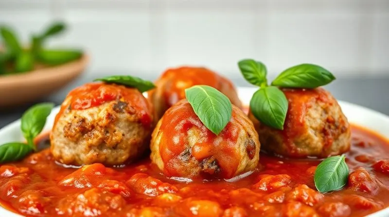 A photorealistic, professional photography shot of three perfectly cooked turkey meatballs nestled in a vibrant, rich tomato sauce, garnished with fresh basil leaves. The sauce has a glossy texture, and the meatballs appear tender and moist. The setting is a minimalist, modern kitchen, with soft, directional lighting highlighting the textures and colors. 8K, cinematic lighting, sharp focus on the food, depth of field blurring the background, shot on a high-end DSLR, emphasizing delicious and healthy eating.