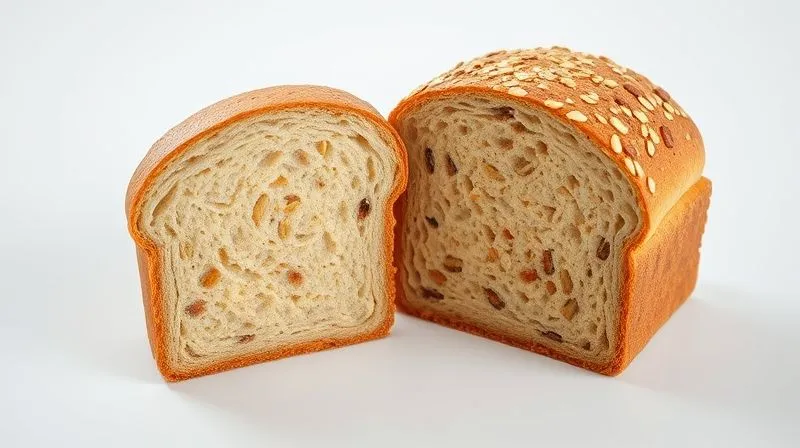 Photorealistic, professional photography of a cross-section of a traditional, calorie-dense banana bread versus a lighter, healthier version, side by side on a clean white surface. The traditional one is dense and pale, while the healthy one shows visible texture from whole grains and nuts. Cinematic lighting, sharp focus, depth of field, 8K hyper-detailed, shot on a high-end DSLR.