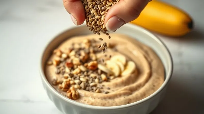 Photorealistic, professional photography of a hand sprinkling chia seeds and crushed walnuts over a bowl of banana bread batter. The ingredients are vibrant and fresh, with soft, natural lighting. Sharp focus on the seeds and nuts, depth of field blurring the background. 8K hyper-detailed, shot on a high-end DSLR.
