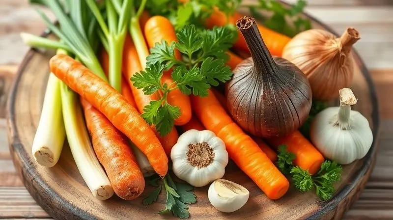 A vibrant, photorealistic arrangement of fresh, clean, colorful vegetables for broth: carrots, celery, leeks, parsley root, a charred onion, garlic, and fresh herbs, artfully composed on a rustic wooden board. The scene is bright and inviting, emphasizing health and natural ingredients. photorealistic, professional photography, 8K, cinematic lighting, sharp focus, depth of field, shot on a high-end DSLR.