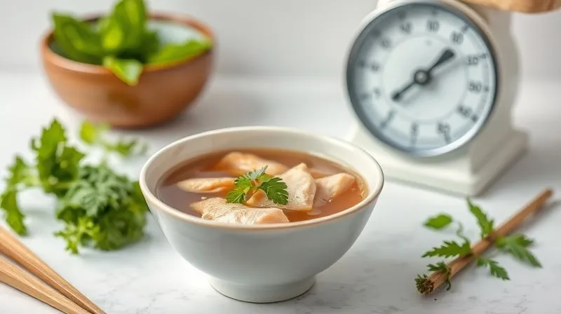 A beautifully presented, modest portion of clear, diet-friendly homemade broth in a minimalist ceramic bowl, with a small handful of fresh herbs and lean chicken pieces. A kitchen scale is subtly visible in the background, hinting at mindful portion control. The setting is clean and bright, emphasizing healthy eating. photorealistic, professional photography, 8K, cinematic lighting, sharp focus, depth of field, shot on a high-end DSLR.