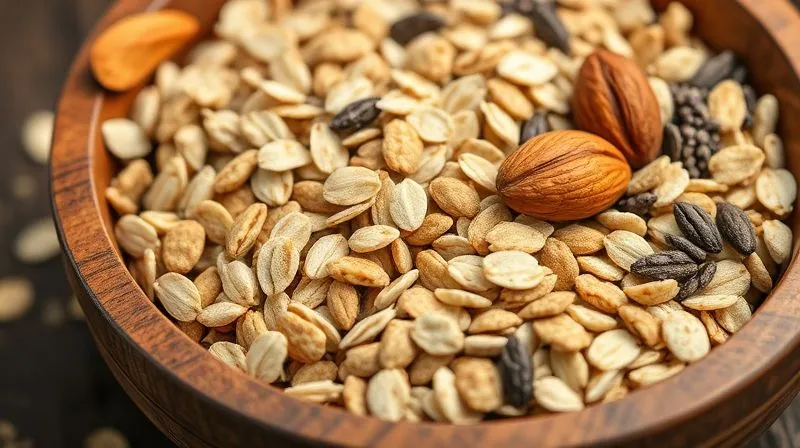 A close-up, photorealistic image of a wooden bowl filled with various raw granola ingredients: large rolled oats, puffed quinoa, chia seeds, flax seeds, and a few whole almonds, all perfectly arranged and lit with cinematic studio lighting, sharp focus on the textures, 8K hyper-detailed, shot on a high-end DSLR.