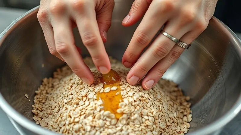 A photorealistic close-up of a chef's hands gently mixing rolled oats, a small amount of liquid sweetener, and a hint of oil in a large stainless steel bowl, with a focus on the texture of the ingredients and the subtle sheen from the oil. Cinematic lighting, sharp focus, 8K hyper-detailed, shot on a high-end DSLR.