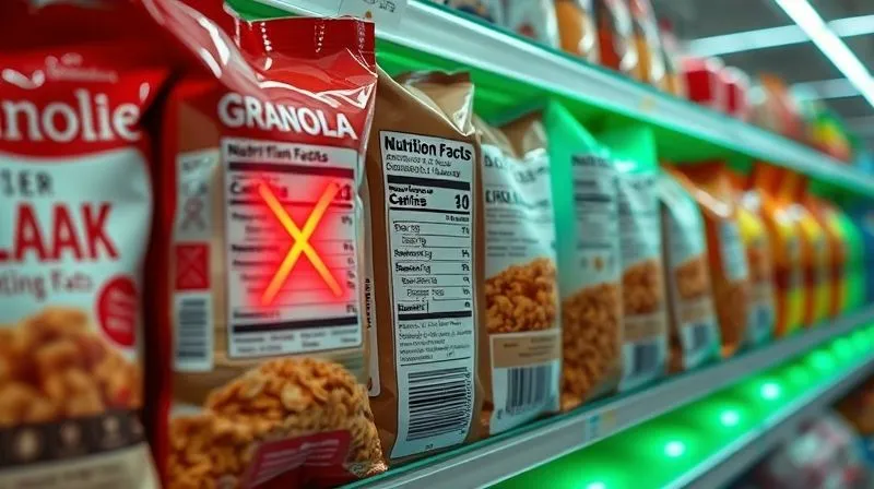 A close-up, photorealistic image of a supermarket shelf displaying various granola packages, with one specific package highlighted (conceptually) by a subtle, almost invisible red 'X' or warning sign, emphasizing the hidden sugars and unhealthy fats on its nutrition label, while another package next to it with a clean, simple label is subtly glowing green. professional photography, 8K, cinematic lighting, sharp focus on the labels, depth of field, shot on a high-end DSLR.