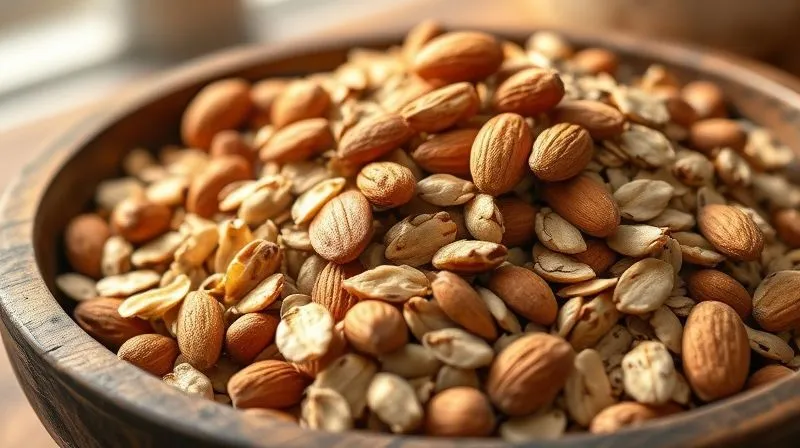 A close-up, photorealistic image of a rustic wooden bowl overflowing with a vibrant mix of rolled oats, whole almonds, walnuts, pumpkin seeds, and chia seeds, professionally lit with warm, inviting kitchen light, emphasizing the natural textures and colors of the raw ingredients. professional photography, 8K, cinematic lighting, sharp focus on the ingredients, depth of field, shot on a high-end DSLR.