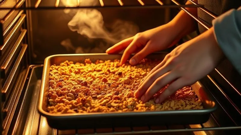 A pair of hands gently stirring a baking tray of golden-brown granola in an oven, warm light from the oven illuminating the scene, steam rising slightly, creating a cozy and inviting home kitchen atmosphere. professional photography, 8K, cinematic lighting, sharp focus on the granola and hands, depth of field, shot on a high-end DSLR.